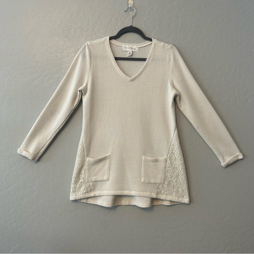 French Laundry cream colored pocket front sweater with lace details size large